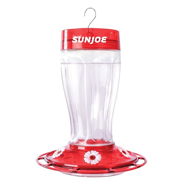 Sun Joe Wild Humming Bird Buffet Glass Feeder | 40 oz Nectar Capacity & Metal Hanging Hook | 5 Flower-Shaped SJ-WBFG-RED